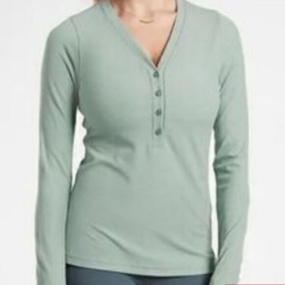 Athleta Ribbed Henley Uptempo Top Long‎ Sleeves Green Size XL - Picture 1 of 11